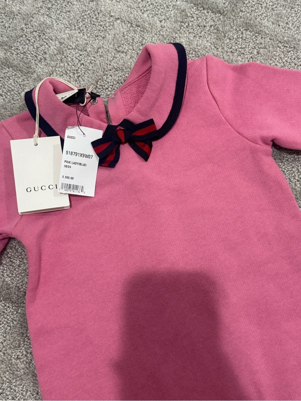 Gucci Pink Bubble Collar Baby One-Piece with Navy Bow